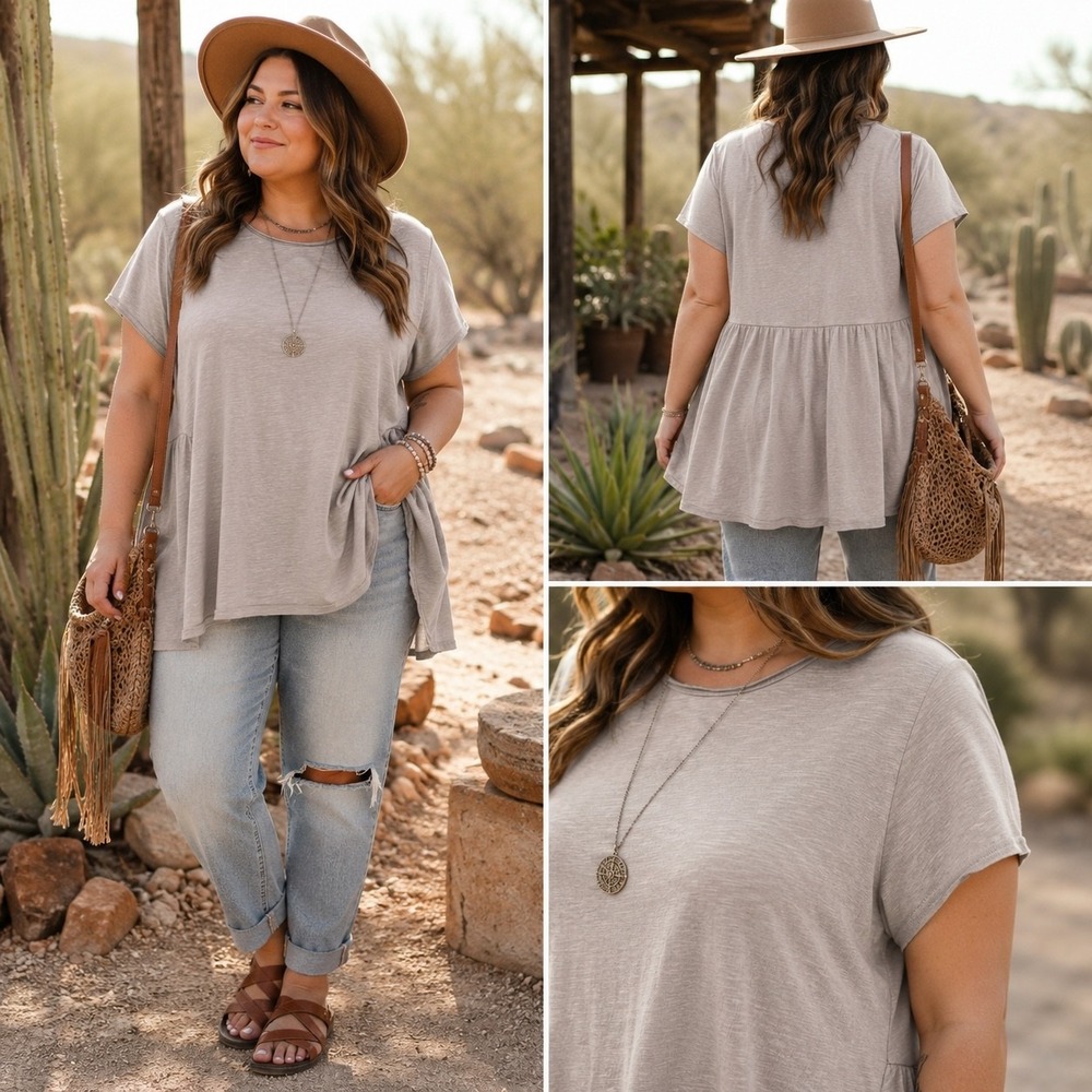 Easel Cotton Slub Layered Peplum Tunic Tee Women's Large Mushroom Boho Top